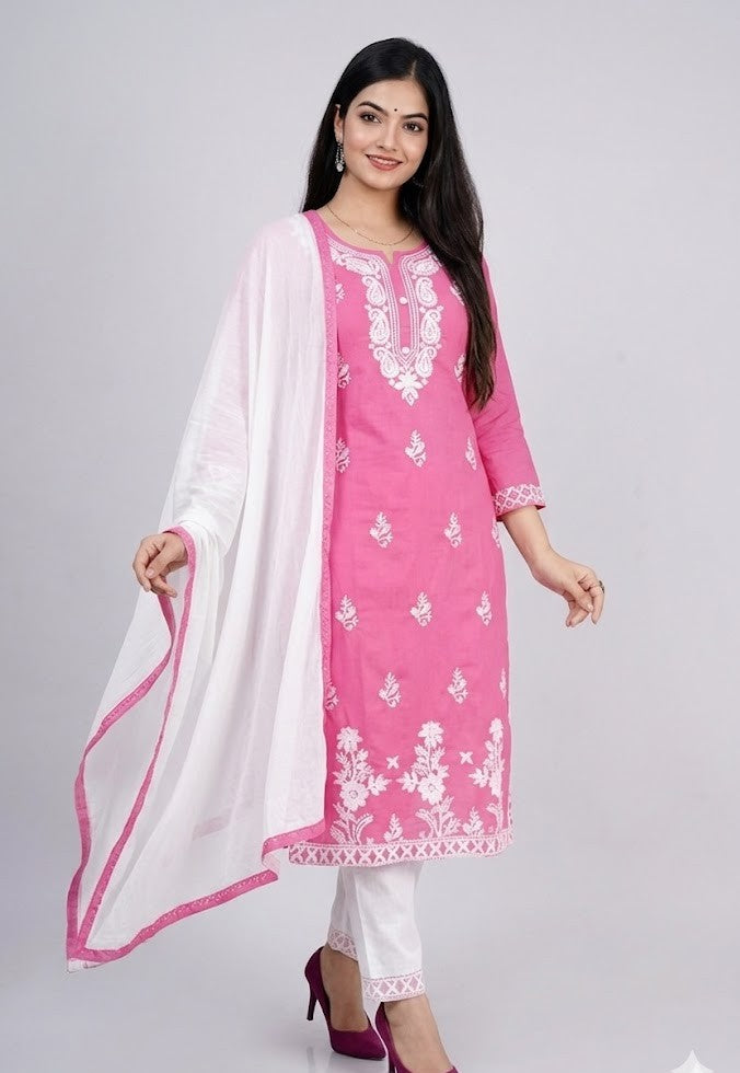 Rose Aura Chikankari Embroidered Kurta Set with Chiffon Dupatta