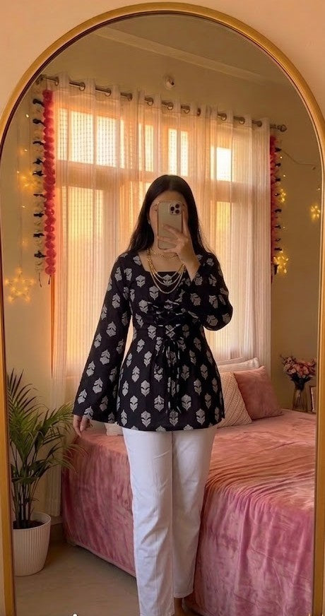 Black Corset-Style Printed Tunic with Bell Sleeves
