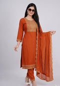 Burnt Sienna Embroidered Kurta Set with Scalloped Dupatta